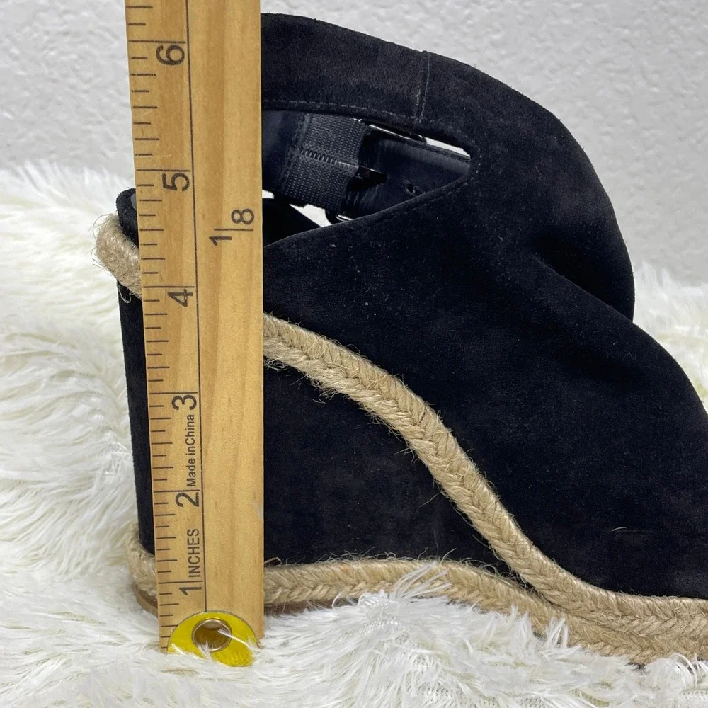 Vince Espadrille Wedge Sandals Womens 6.5 Black Excellent Suede Peep Toe Italy